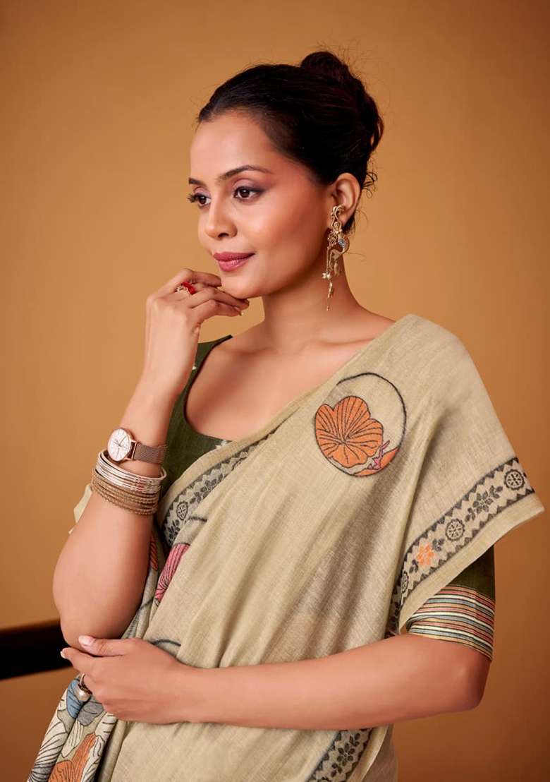 Beige Silk Saree Set with Printed for Diwali | Wedding & Festive Wear - Indya