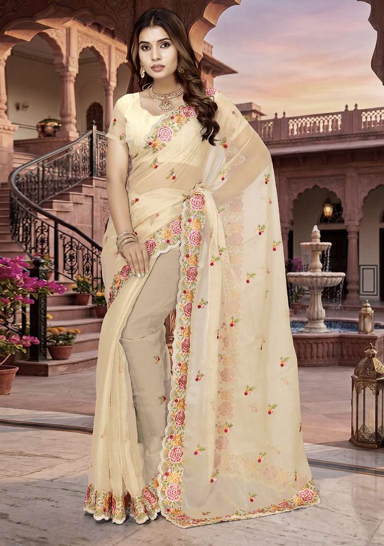 Beige Silk Saree Set with Embroidery for Diwali | Wedding & Festive Wear - Indya