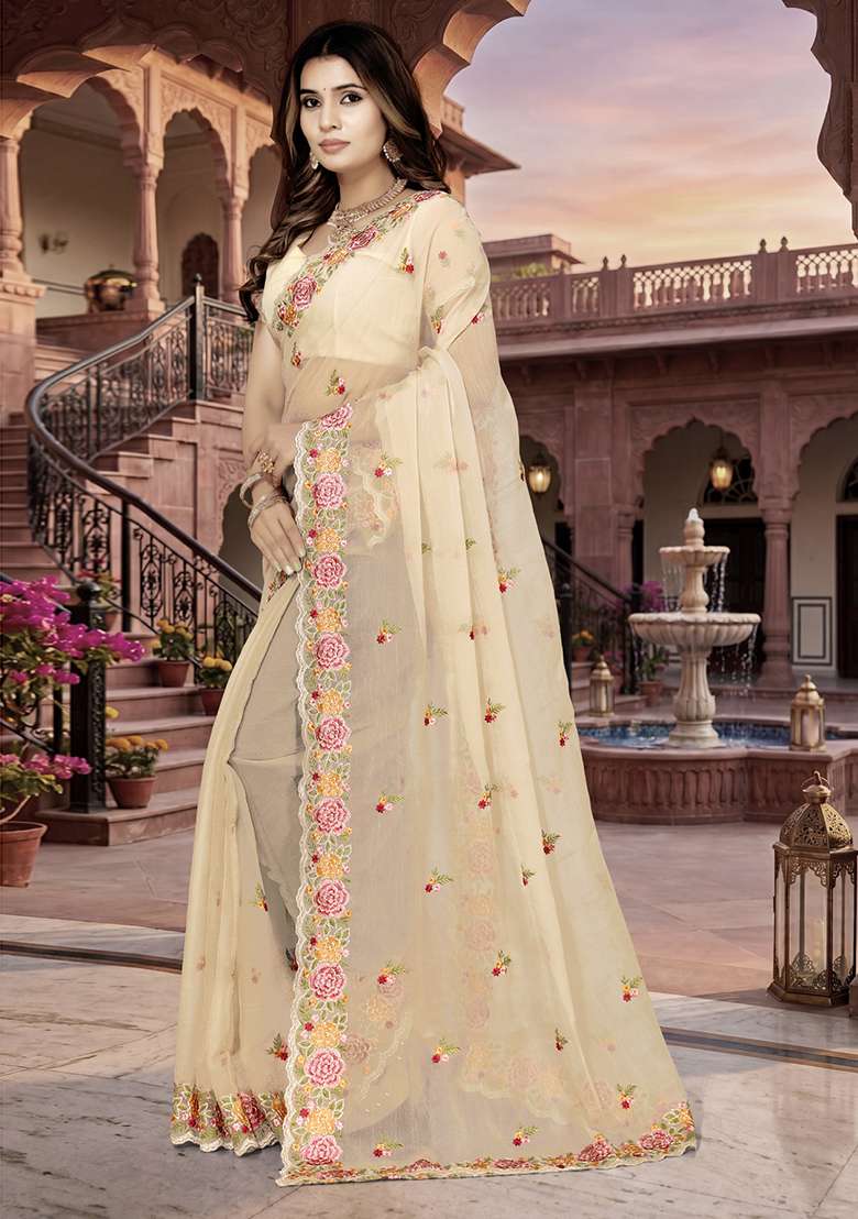 Beige Silk Saree Set with Embroidery for Diwali | Wedding & Festive Wear - Indya