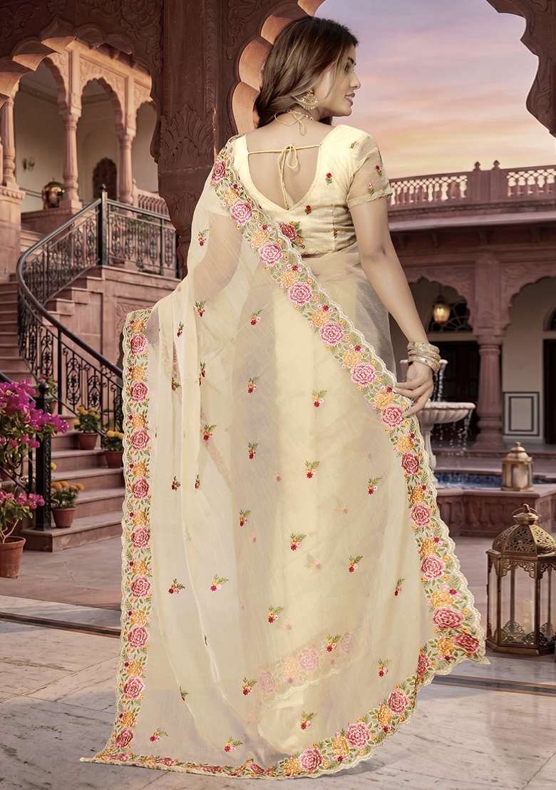 Beige Silk Saree Set with Embroidery for Diwali | Wedding & Festive Wear - Indya