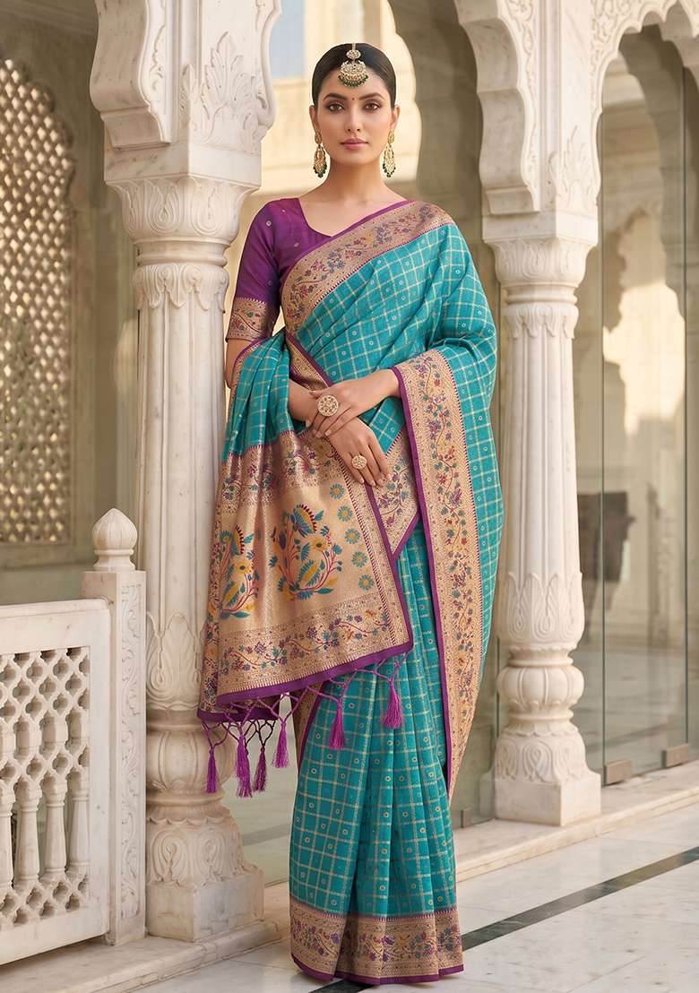 Sea Green Zari Work Silk Saree Set - Indya