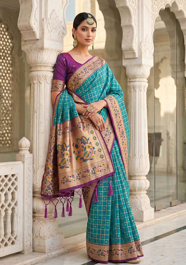 Sea Green Zari Work Silk Saree Set - Indya