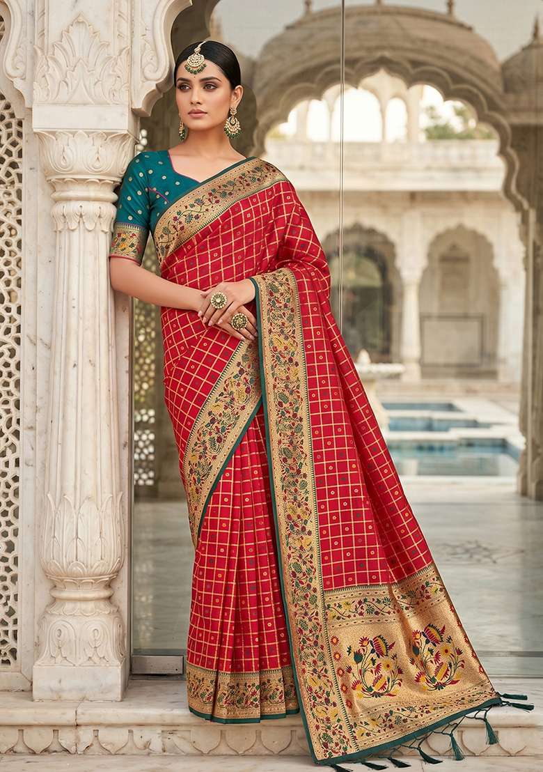 Red Zari Work Silk Saree Set - Indya