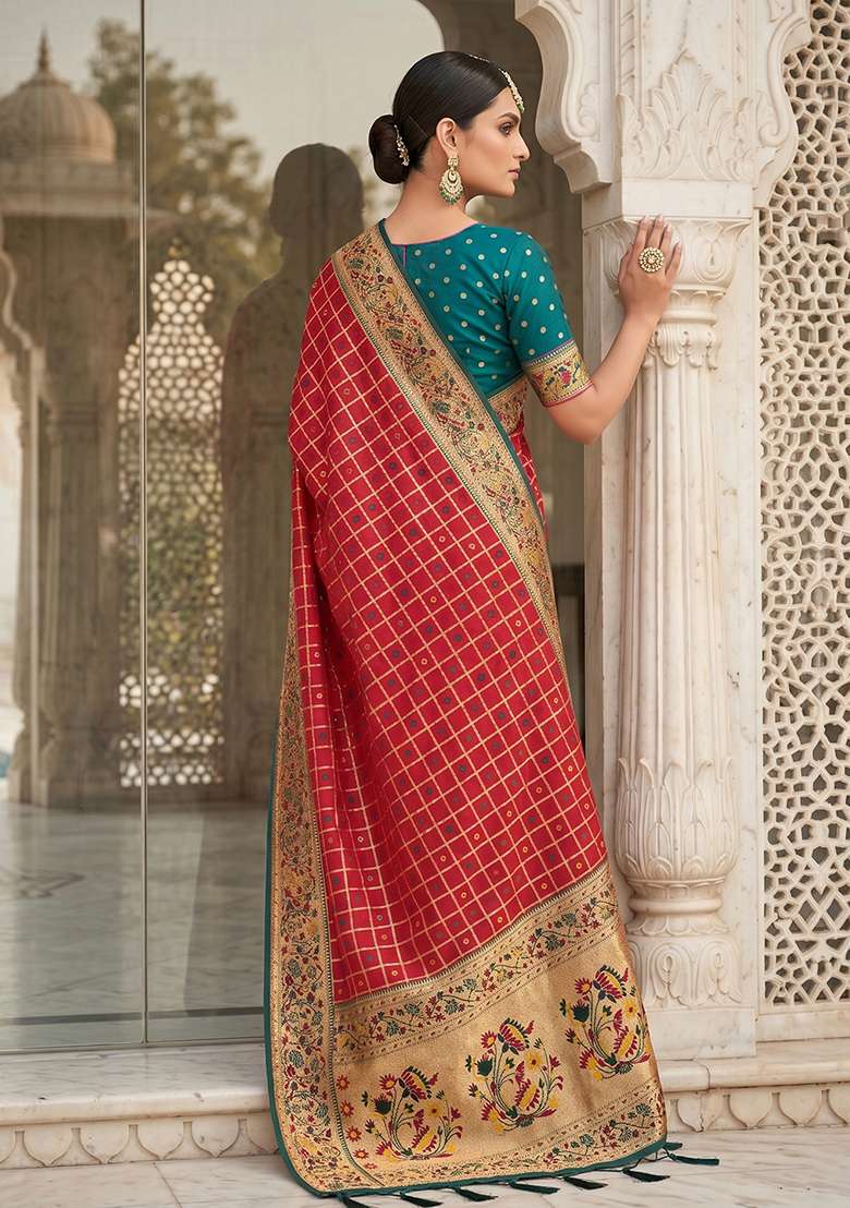 Red Zari Work Silk Saree Set - Indya