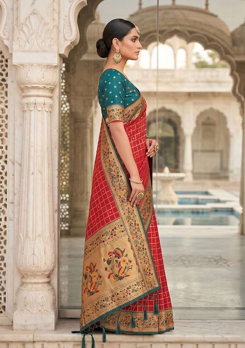 Red Zari Work Silk Saree Set - Indya