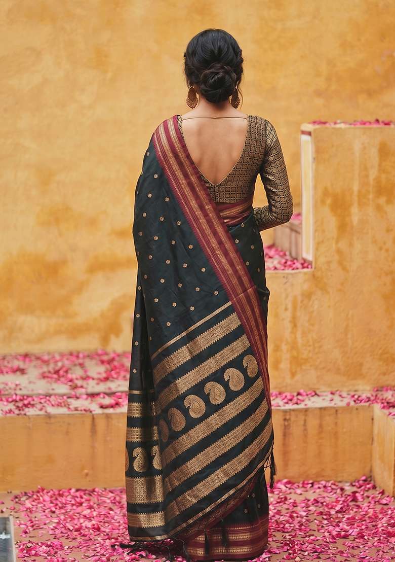 Black Zari Work Silk Saree Set - Indya