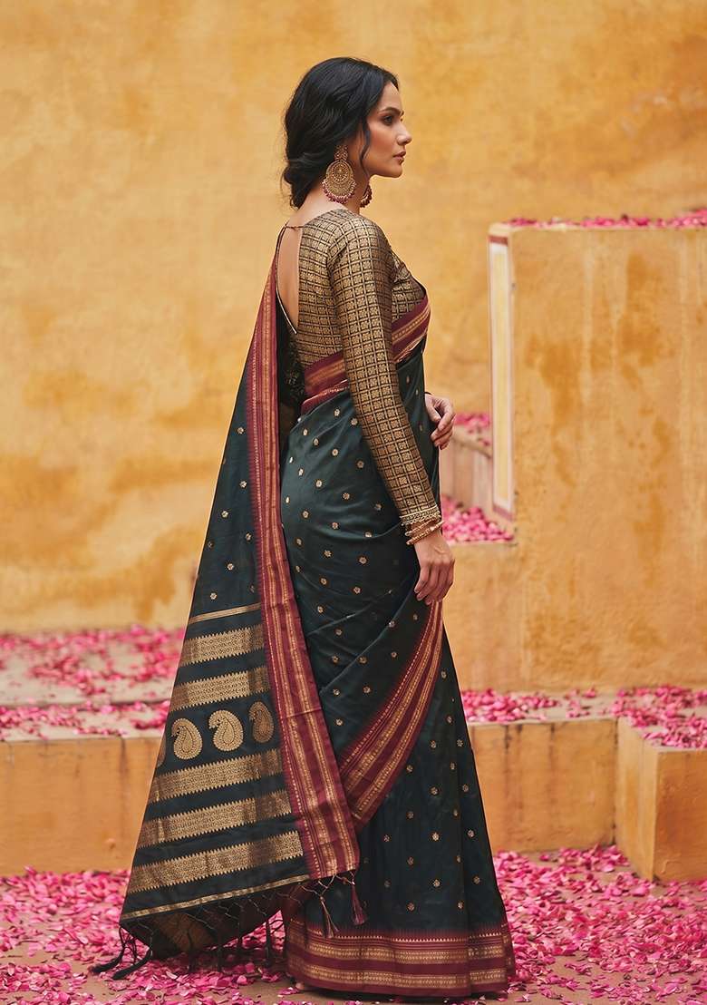 Black Zari Work Silk Saree Set - Indya