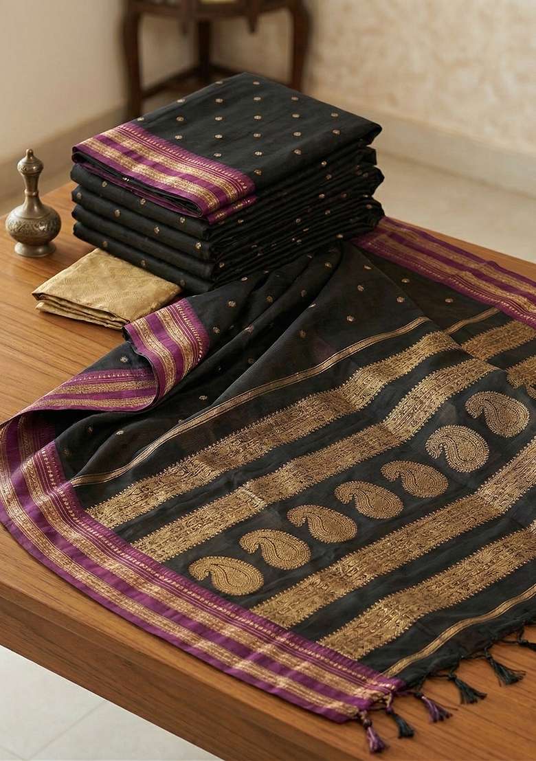 Black Zari Work Silk Saree Set - Indya
