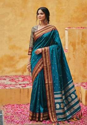 Teal Blue Zari Work Silk Saree Set