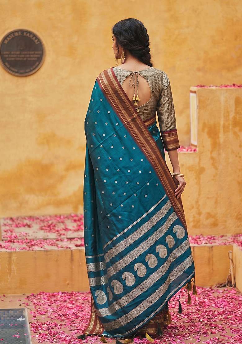 Teal Blue Zari Work Silk Saree Set - Indya