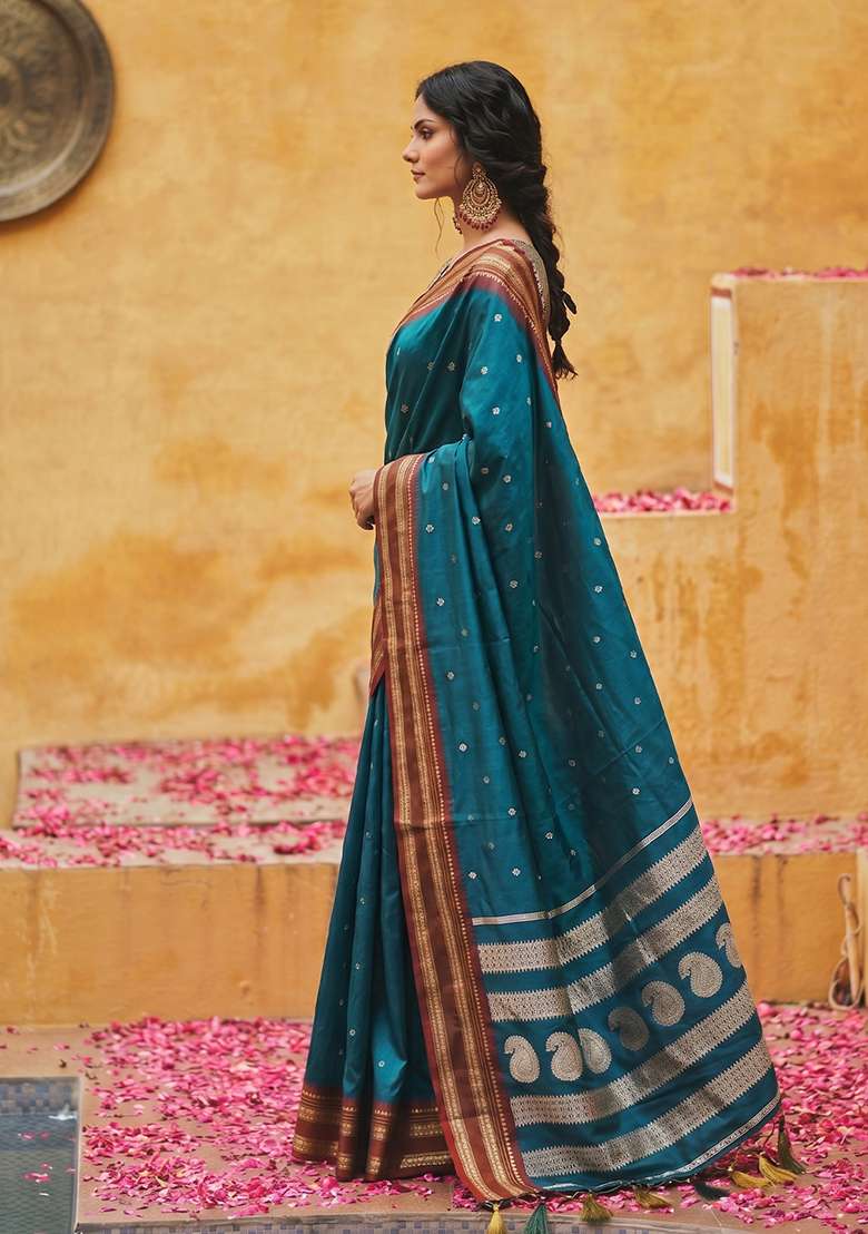 Teal Blue Zari Work Silk Saree Set - Indya