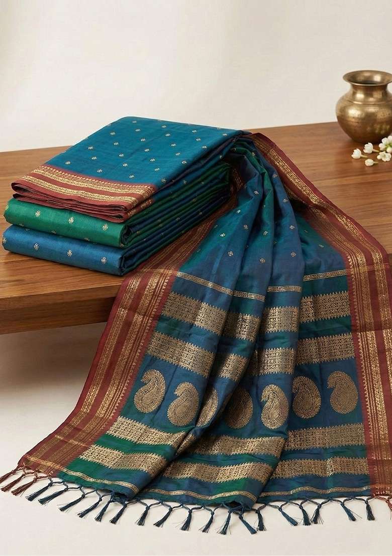 Teal Blue Zari Work Silk Saree Set - Indya
