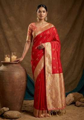 Red Zari Work Silk Saree Set
