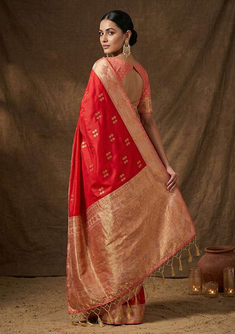 Red Zari Work Silk Saree Set - Indya