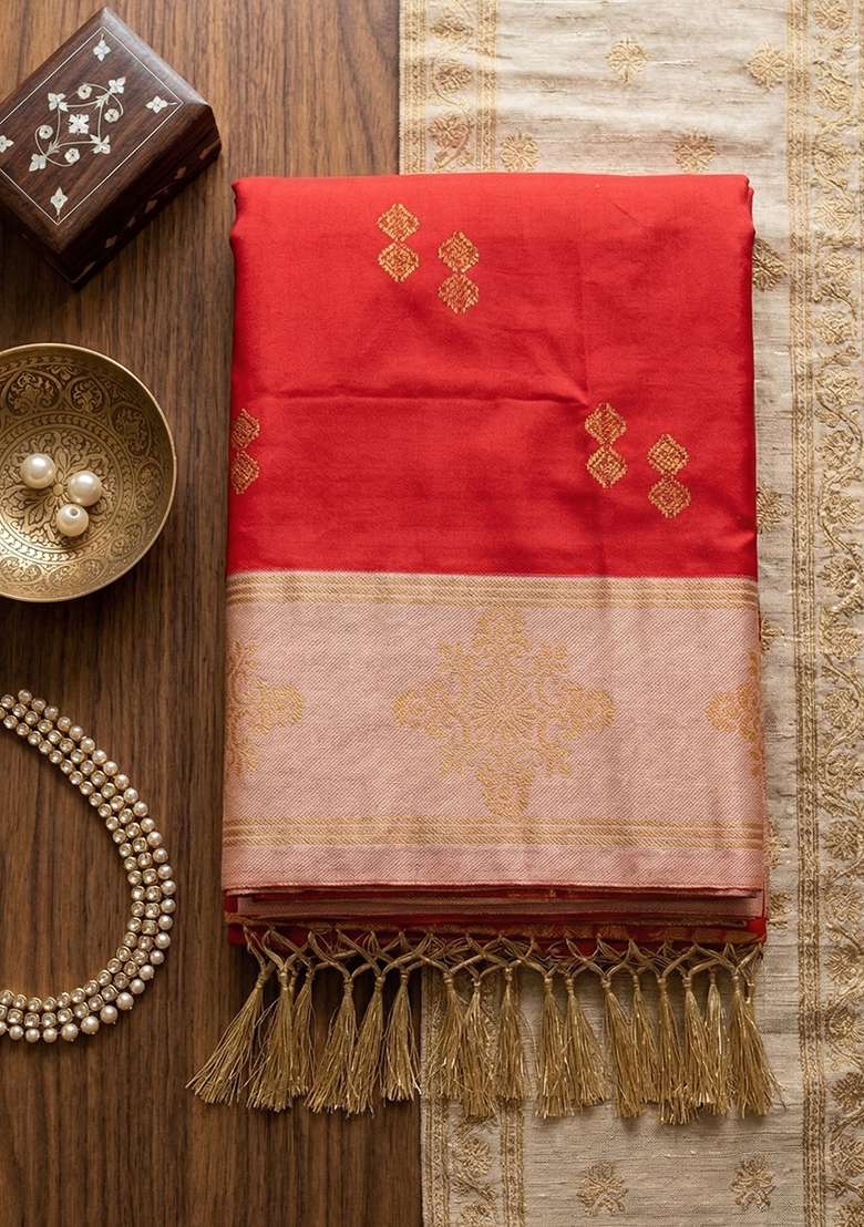 Red Zari Work Silk Saree Set - Indya