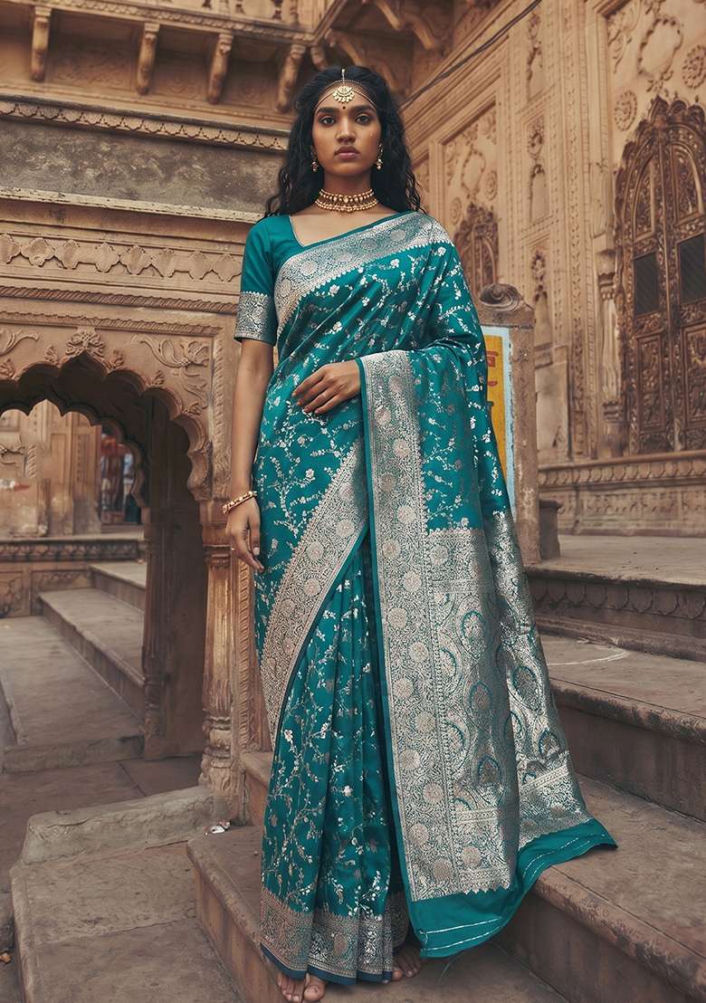 Sea Green Zari Work Silk Saree Set - Indya