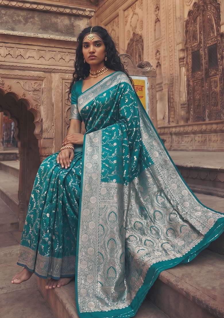 Sea Green Zari Work Silk Saree Set - Indya