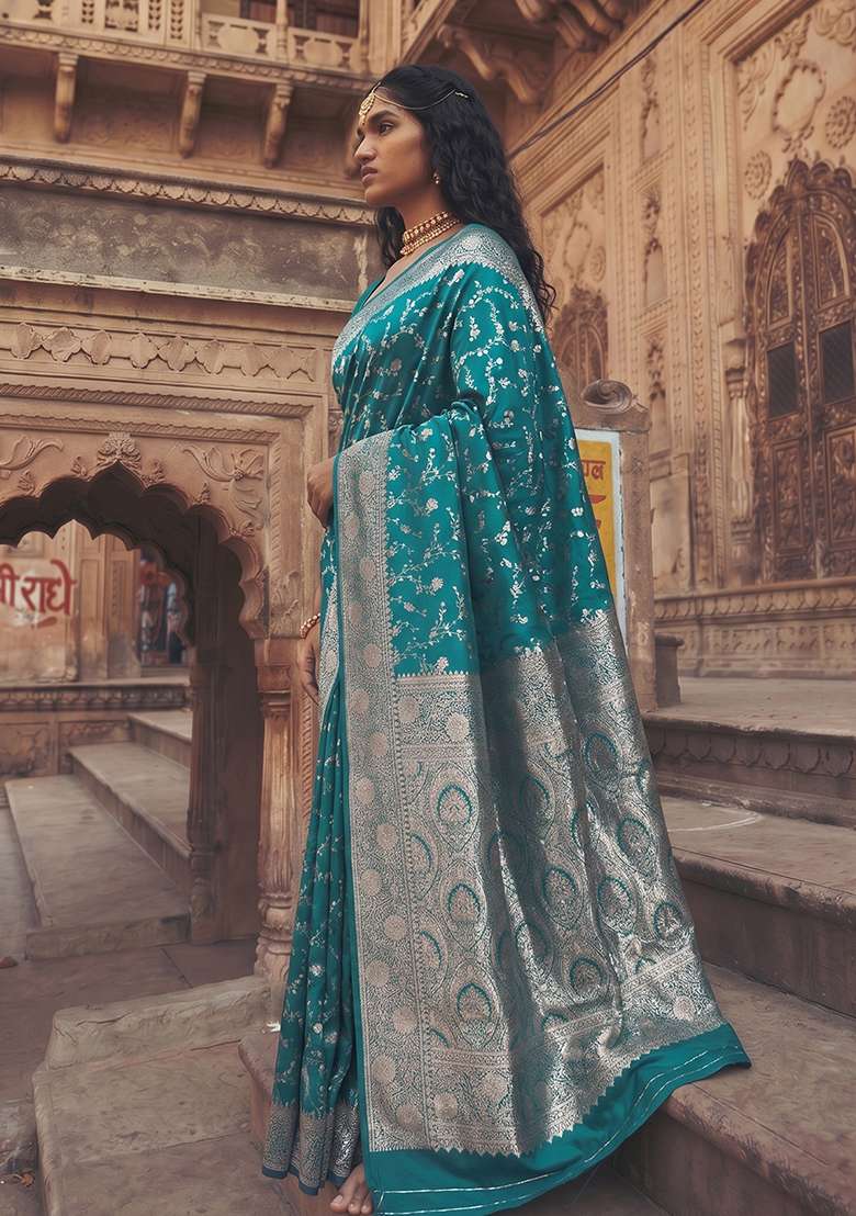 Sea Green Zari Work Silk Saree Set - Indya