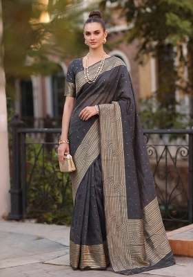 Grey Zari Work Silk Saree Set