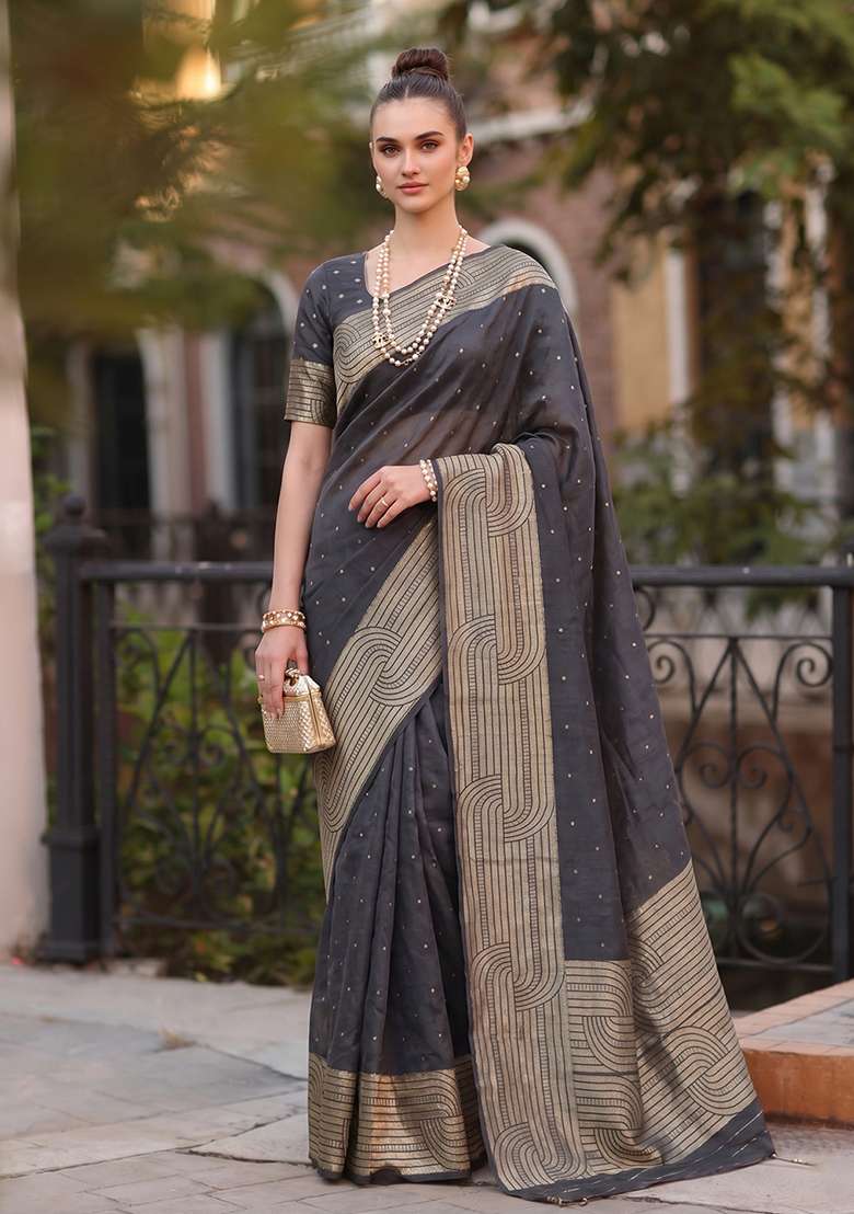 Grey Zari Work Silk Saree Set - Indya