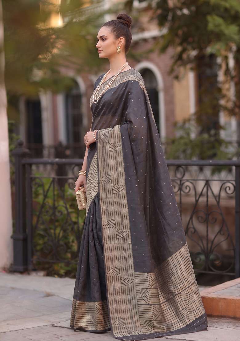 Grey Zari Work Silk Saree Set - Indya