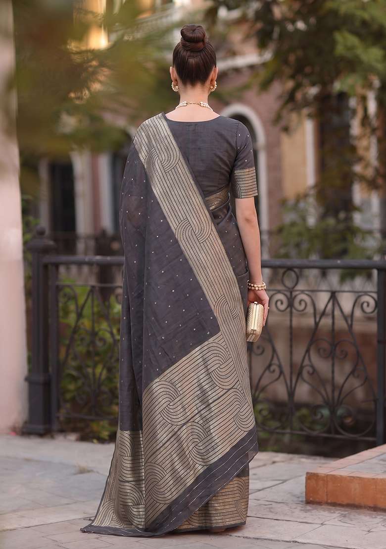 Grey Zari Work Silk Saree Set - Indya