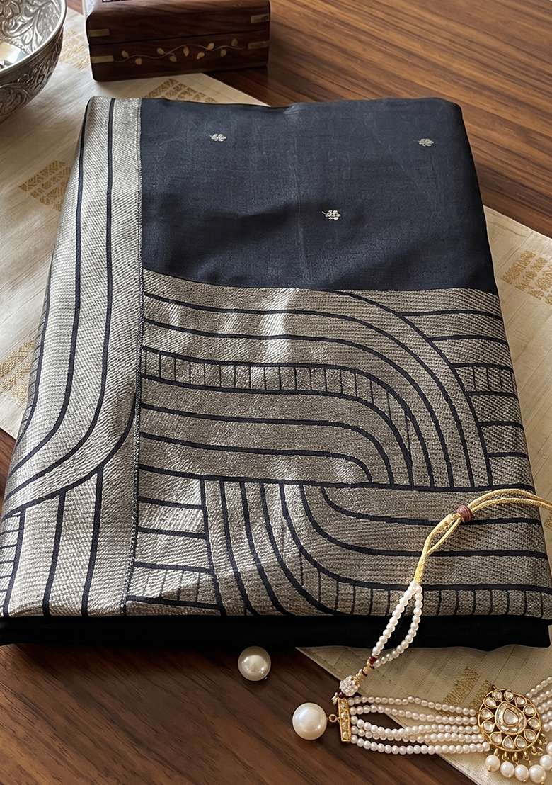 Grey Zari Work Silk Saree Set - Indya
