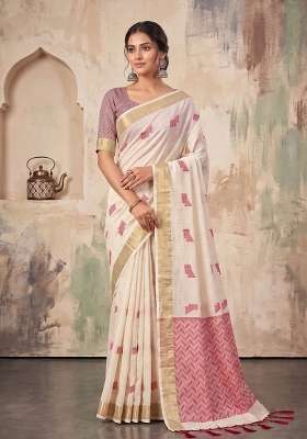 Cream Zari Work Linen Saree Set