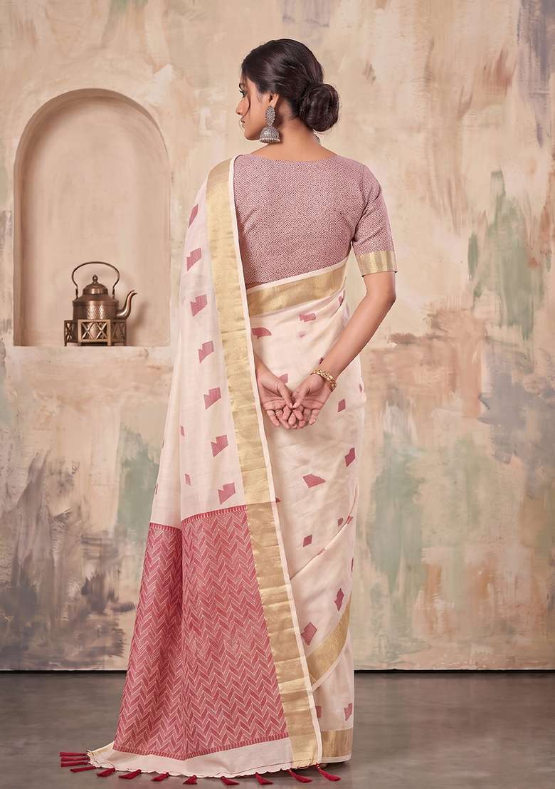 Cream Zari Work Linen Saree Set - Indya