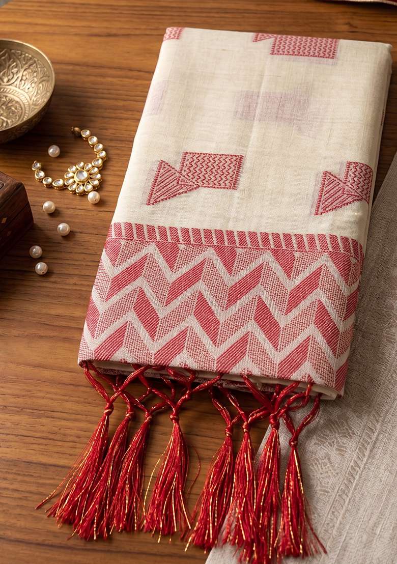 Cream Zari Work Linen Saree Set - Indya