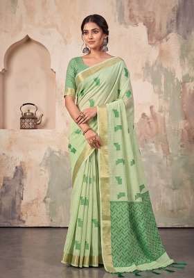 Mehendi Green Zari Work Linen Saree Set