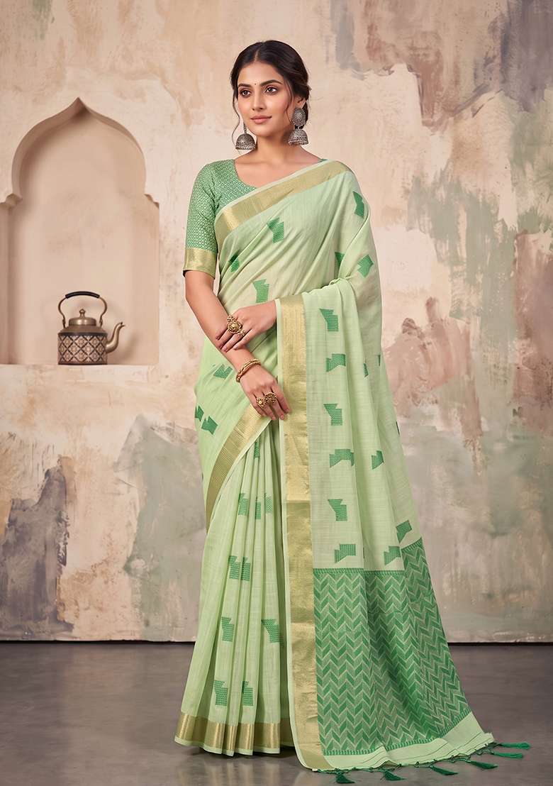 Mehendi Green Zari Work Linen Saree Set - Indya