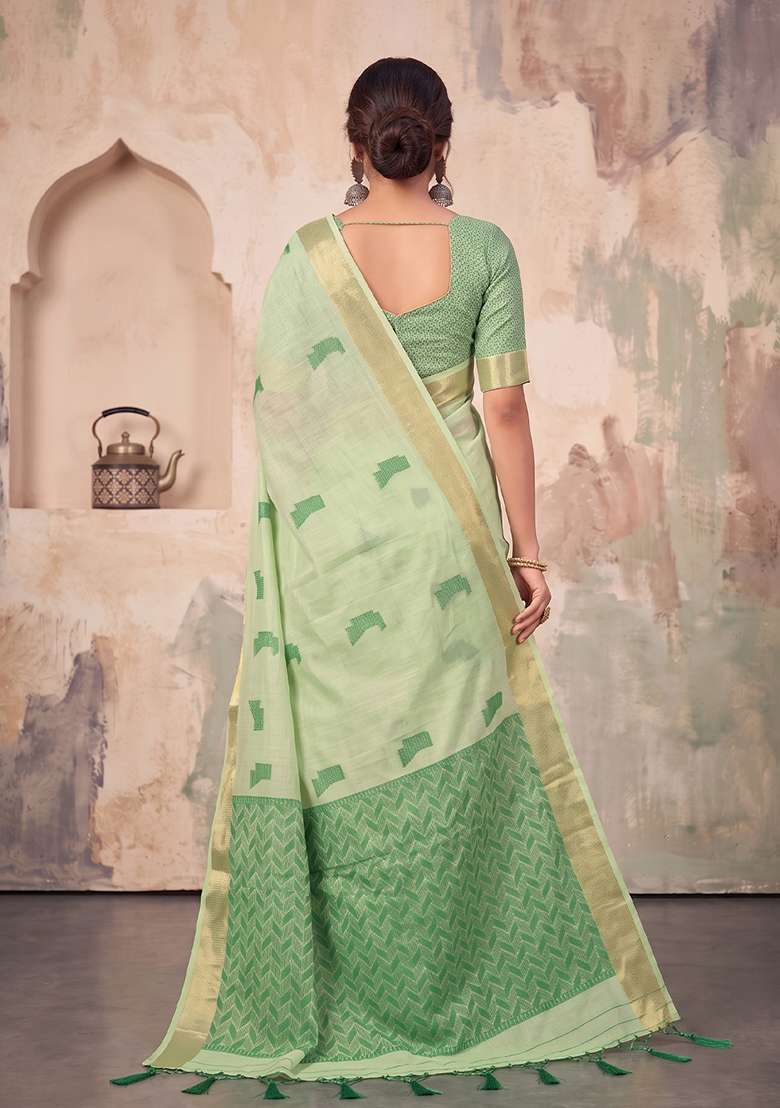 Mehendi Green Zari Work Linen Saree Set - Indya