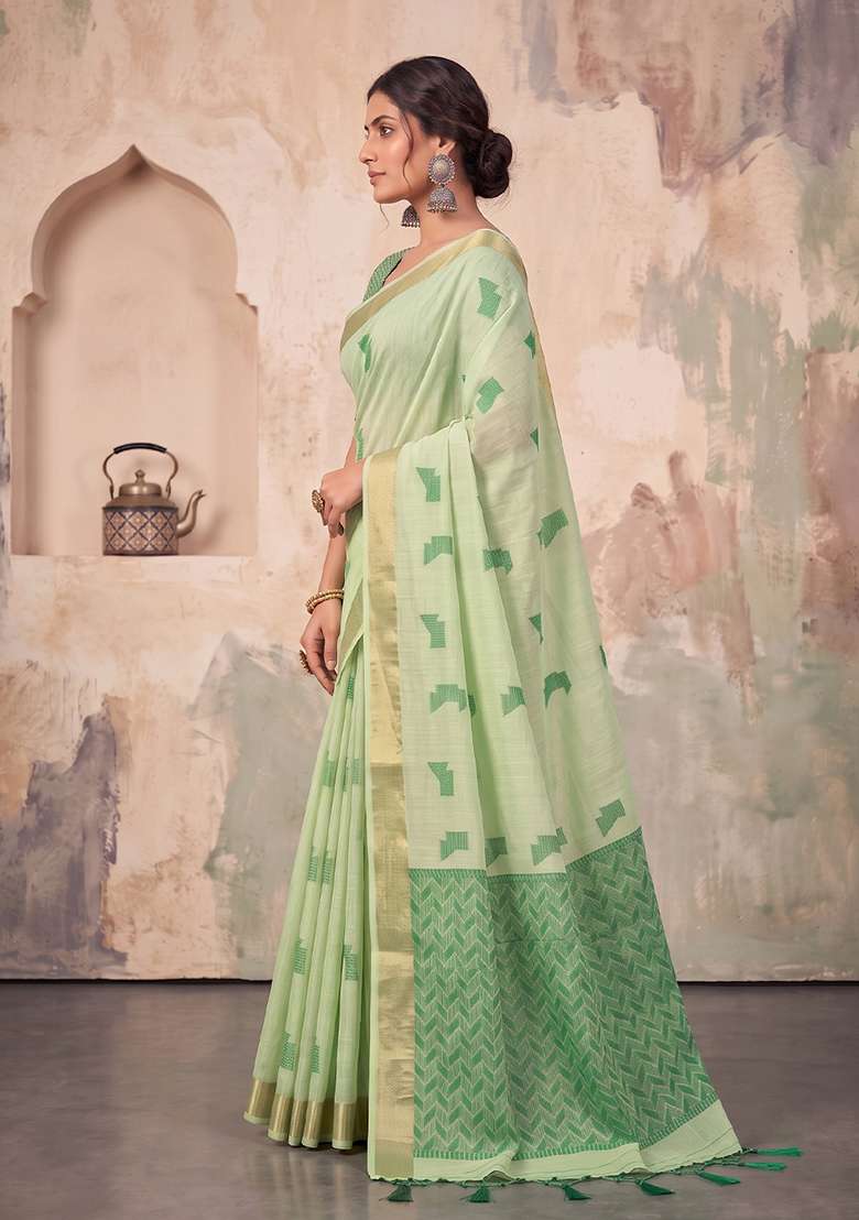 Mehendi Green Zari Work Linen Saree Set - Indya