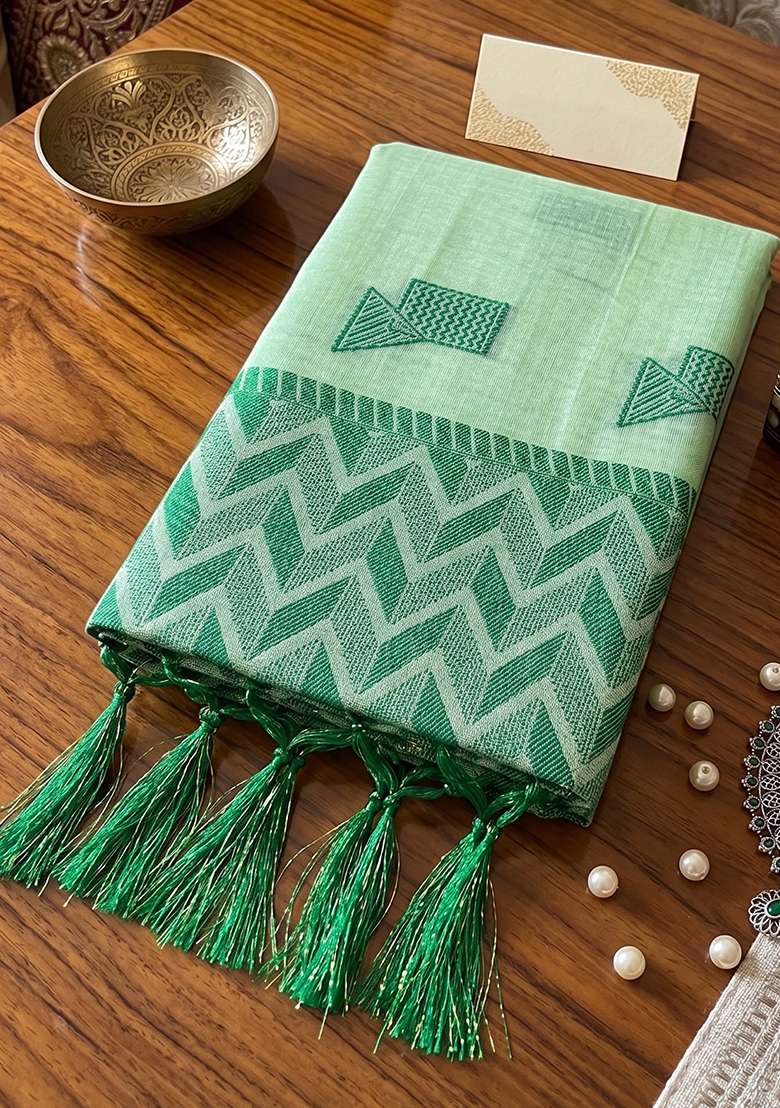 Mehendi Green Zari Work Linen Saree Set - Indya