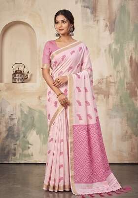 Pink Zari Work Linen Saree Set