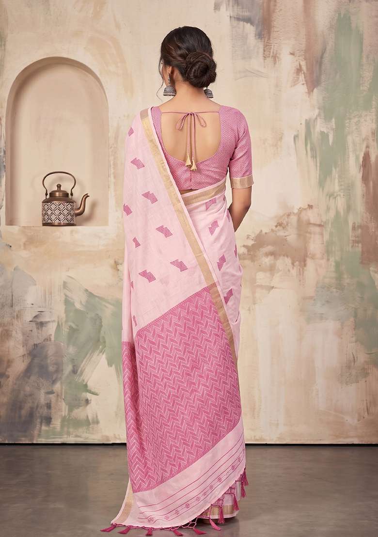 Pink Zari Work Linen Saree Set - Indya
