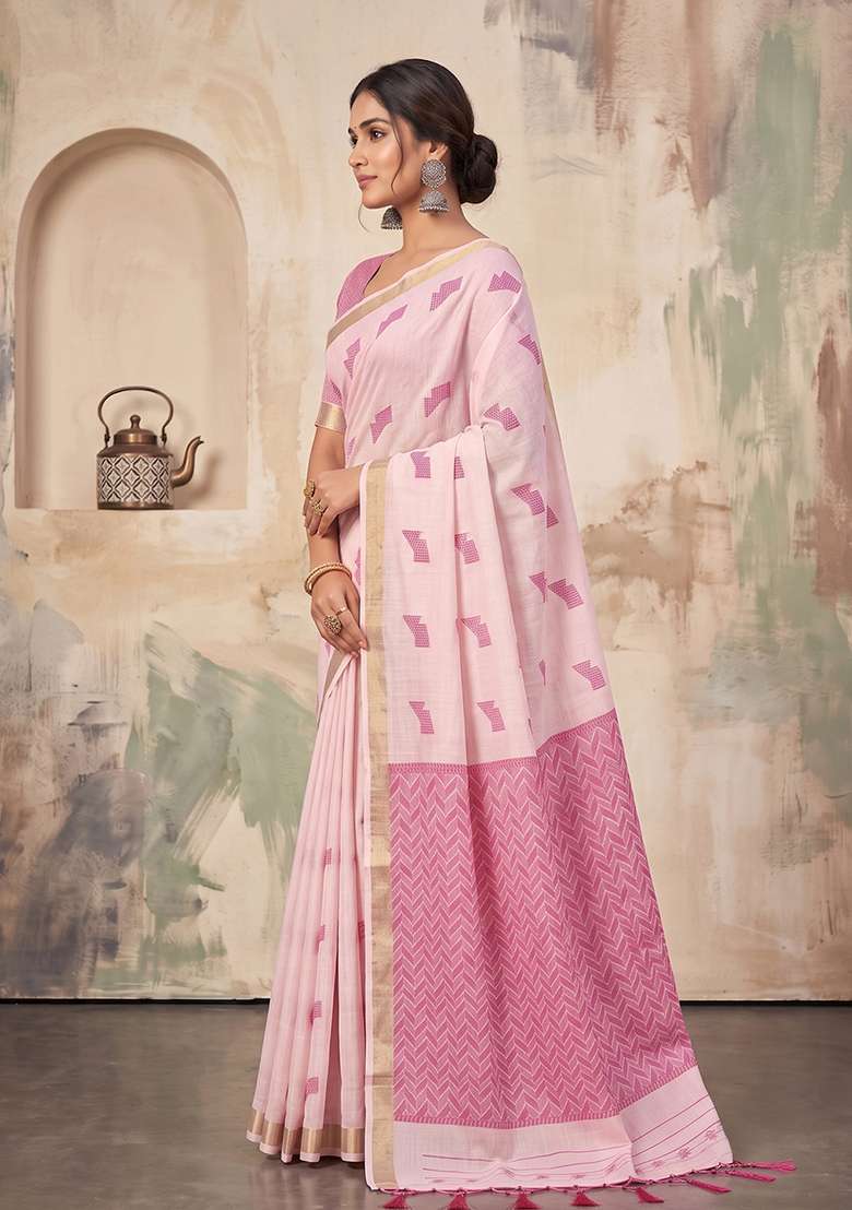 Pink Zari Work Linen Saree Set - Indya