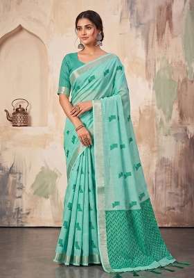 Sky Blue Zari Work Linen Saree Set