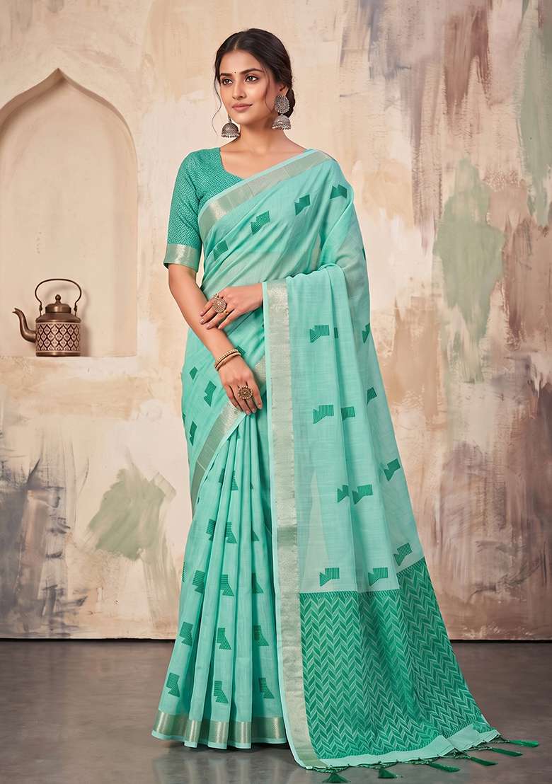Sky Blue Zari Work Linen Saree Set - Indya