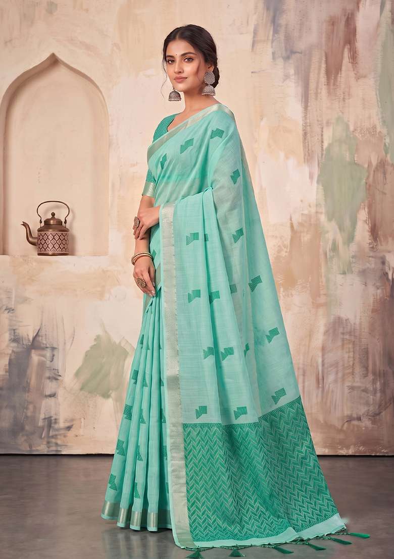 Sky Blue Zari Work Linen Saree Set - Indya
