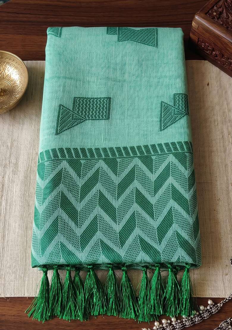 Sky Blue Zari Work Linen Saree Set - Indya