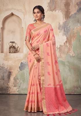 Pink Zari Work Linen Saree Set