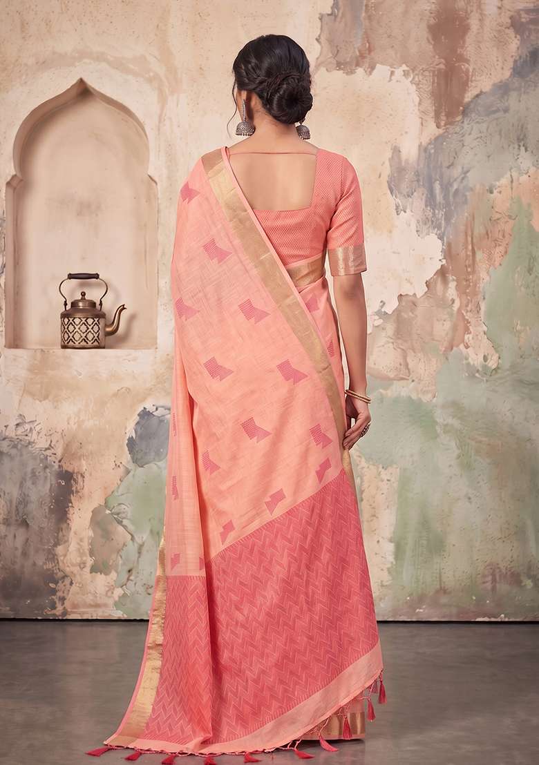 Pink Zari Work Linen Saree Set - Indya