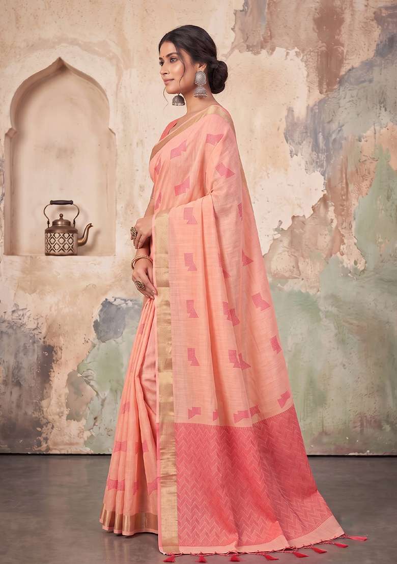 Pink Zari Work Linen Saree Set - Indya