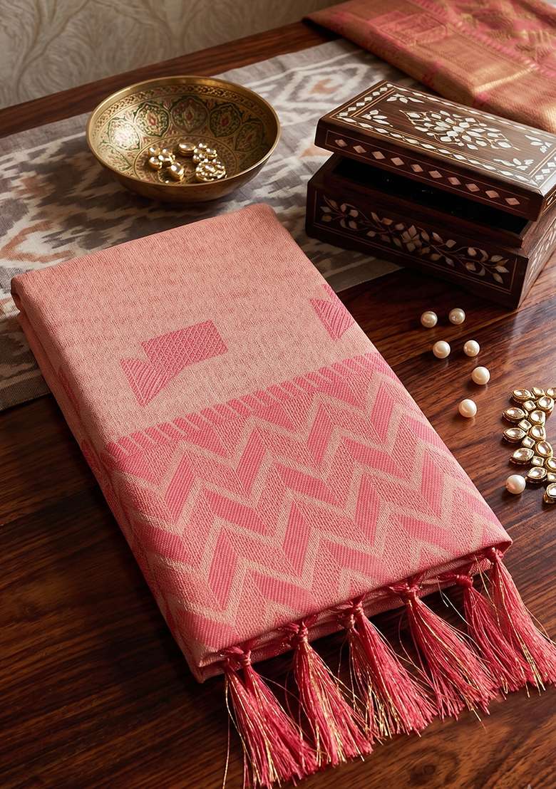 Pink Zari Work Linen Saree Set - Indya