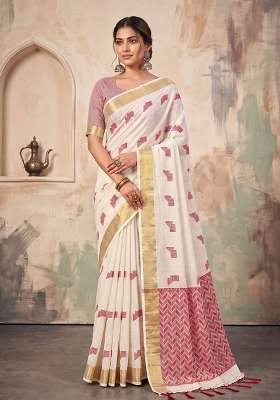 Off White Zari Work Linen Saree Set