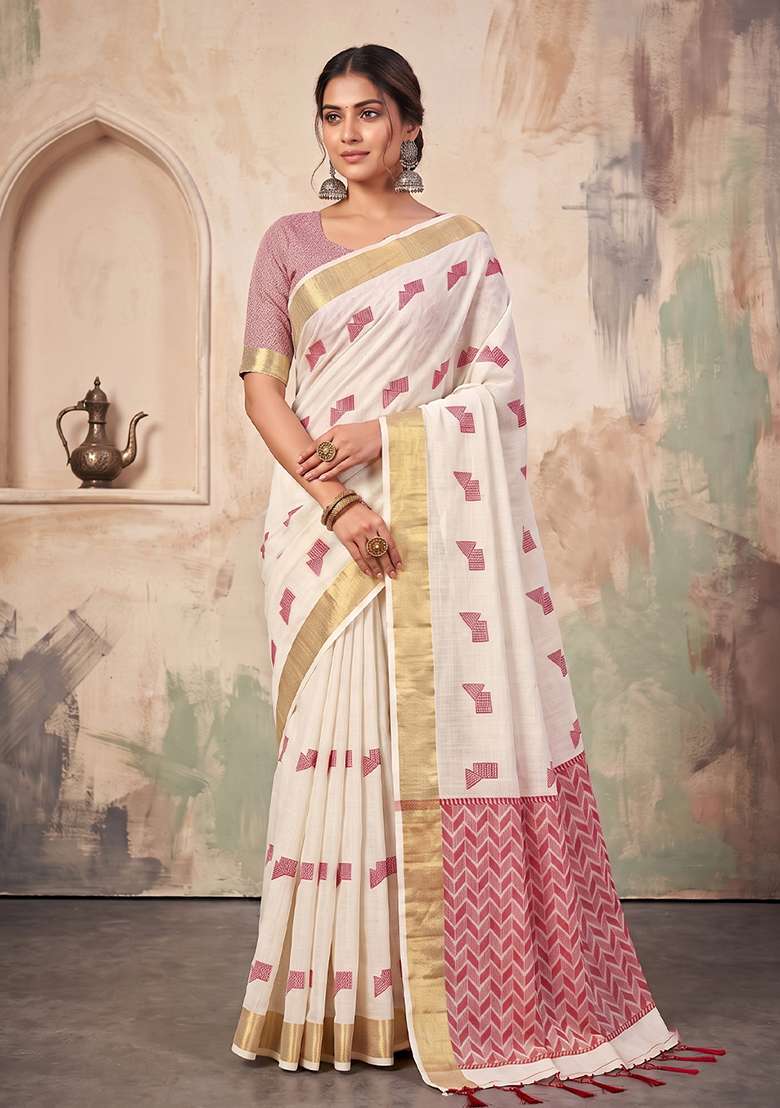 Off White Zari Work Linen Saree Set - Indya