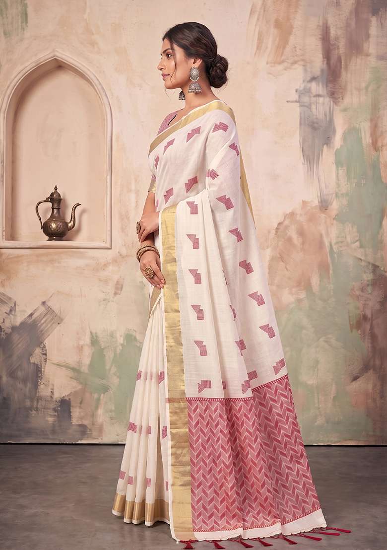 Off White Zari Work Linen Saree Set - Indya