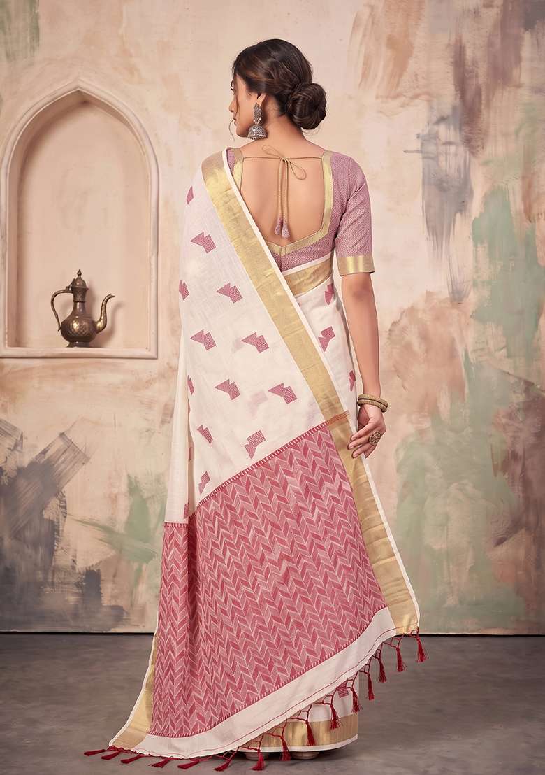 Off White Zari Work Linen Saree Set - Indya